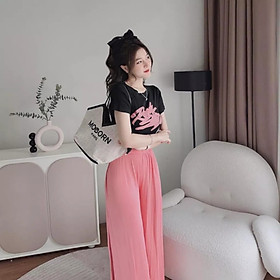 Bộ Áo Croptop Cộc Tay In Chữ READY Kèm Quần Culottes Ống Rộng Cạp Cao 3 Màu