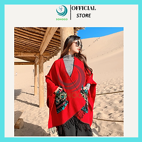 Khăn áo choàng boho thổ cẩm nữ mùa thu đông kiểu khoác ngoài chất dày ấm 150*130cm