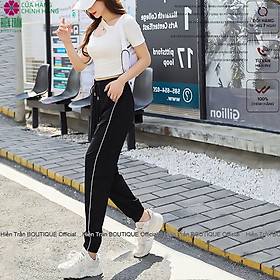 Quần jogger nữ Hiền Trần BOUTIQUE dáng dài cạp chun thiết kế một sọc bên kiểu bo gấu năng động cá tính thể thao tập gym