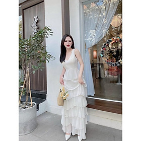 Đầm váy maxi voan tầng trắng nude kem hồng cổ V Ivy.fashion đi biển dự tiệc dạo phố bigsize gợi cảm sexy