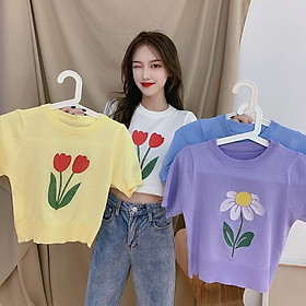 Women Sweet Bouquet Printed Short-sleeved Knitted T-shirt