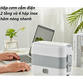 Hộp cơm cắm điện 2 tầng 4 ngăn , giữ nhiệt, hâm nóng nhanh thức ăn, inox cao cấp