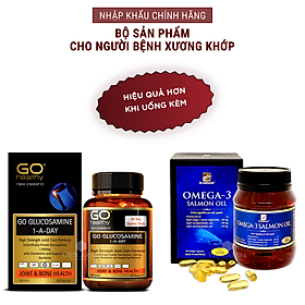 Bộ sản phẩm nhập khẩu chính hãng cho người bệnh xương khớp gồm: Viên uống bổ xương khớp GO GLUCOSAMINE 1-A-DAY (30 viên) và viên uống Omega 3 dầu cá hồi OMEGA 3 SALMON OIL (180 viên)