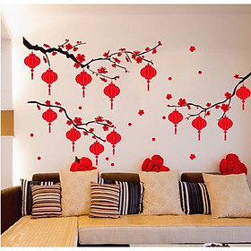 Decal trang trí tết - 3 Cành Mai đỏ lồng đèn size lớn