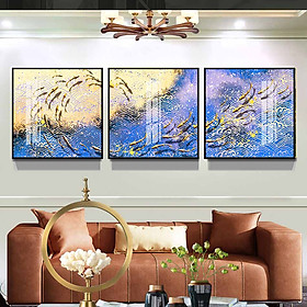 Bộ 3 tranh canvas treo tường Decor Họa tiết đàn cá cách điệu, phong cách hiện đại - DC142