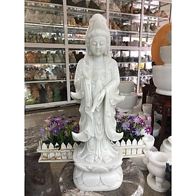Mua Tượng Phật Bà Quan Thế Âm Bồ Tát đứng đài sen đá cẩm thạch trắng - Cao 60 cm