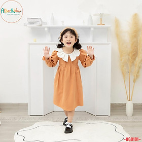 Váy bé gái ALBERKIDS dài tay cam phối cổ trắng xinh đẹp cho trẻ em 2,3,4,5