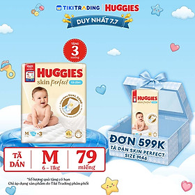 Tã/bỉm dán sơ sinh Huggies Skin Perfect M 76+3 miếng với 2 vùng thấm giảm kích ứng da