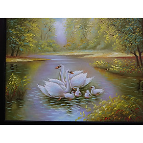 Tranh treo tường - Sơn dầu vẽ tay - Gia Đình Thiên Nga 40x50cm