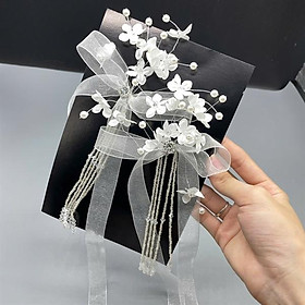 Nơ ruy băng voan cài tóc đính hoa chấm hạt trai