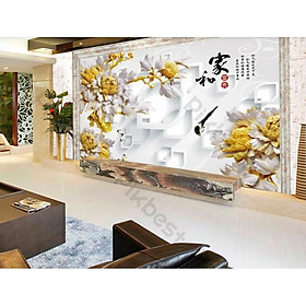 Tranh 3d phòng khách phòng ngủ hiện đại dán tường - Hoa Mẫu Đơn vàng kim (kích thước lớn-tích hợp sẵn keo)