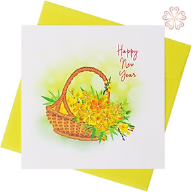 Thiệp Giấy Xoắn Chúc Mừng Năm Mới Hình Giỏ Hoa Size 15x15cm