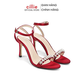 Giày sandal cao gót nữ quai ngang đính đá gót nhọn thời trang thanh lịch Cillie 1004