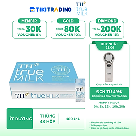 Thùng 48 hộp sữa tươi tiệt trùng TH True Milk ít đường 180ml