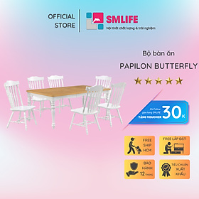 Bộ bàn ăn thông minh kéo dài 6 ghế gỗ sồi tân cổ điển SMLIFE Papilon Butterfly | D152 x R107 x  x C76cm | tăng giảm độ dài bàn