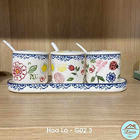 Bộ gia vị sứ 3 lọ kèm khay thìa họa tiết cherry- chanh vàng- hoa lá