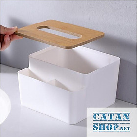 Mua Hộp Đựng Giấy Ăn Để Bàn nắp gỗ Có Ngăn Để Đồ Đa Năng  Hộp Khăn Giấy Nắp Gỗ kèm khay để đồ tiện dụng GD554-NaGo-2ngan