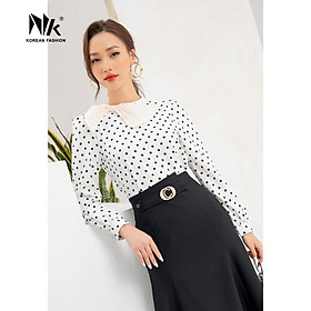 Áo Sơ Mi Nữ Dài Tay NK Fashion Cổ Phối Nơ Hoạ Tiết Chấm Bi, Chất Voan Lụa Mềm Mịn NKSM2112006