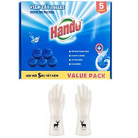 Hộp 5 viên tẩy xanh diệt khuẩn làm thơm toilet Value Pack Hando (360 lần xả/viên) + Tặng 1 đôi găng tay cao su siêu dai con hươu (hoạt tiết ngẫu nhiên)