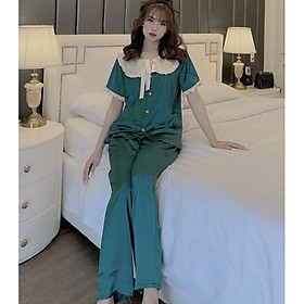 Đồ Bộ Pijama - Bộ Lụa Tay Ngắn-Quần Dài Chất Liệu Lụa SaTin Phối Bèo Cổ Nơ