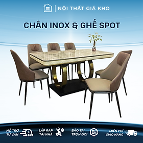 Bàn ăn mặt đá Ceramic bóng chân inox mạ vàng kết hợp ghế spot - bàn ăn nhập khẩu mặt đá cao cấp sang trọng sáng bóng