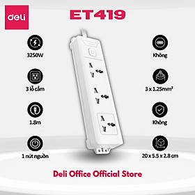 [TẶNG BÚT THỬ ĐIỆN] Ổ Cắm Điện Đa Năng DELI Sạc Nhanh TypeC USB PD20W 2-12 Ổ Vuông Dẹt Chịu Tải 2500W, Cầu Chì Tự Ngắt - 3 ổ 3250W 1.8m