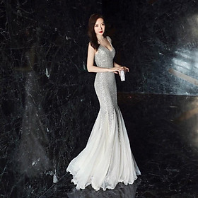 Đầm maxi body ivy fashion chất kim sa cổ V đuôi cá phối lưới - size M/L -MS410V đi biển dự tiệc dạo phố bigsize gợi cảm