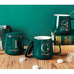 Set 03 Ly Sứ Có Nắp, Muỗng / Thìa, Cốc Sứ Có Nắp, Kèm Hộp , Màu Xanh Cổ Vịt, Họa Tiết , Dung Tích 400mL