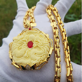 Dây Chuyền Vuông Titan Nam Hình Song Long Mạ Vàng 18K + TẶNG LÁ BỒ ĐỀ MAY MẮN TÀI LỘC ĐỂ VÍ ĐIỆN THOẠI