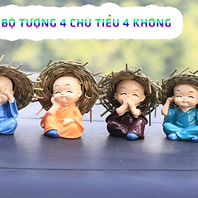 Bộ Tượng Bốn Chú Tiểu Đội Nón Rơm 4 Không Mini Decor Phòng Trang Trí Nhà