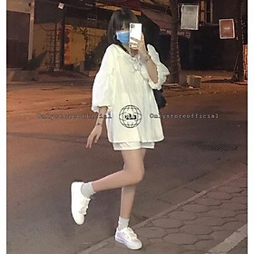 Áo kiểu tay lỡ trễ vai + quần đùi trắng