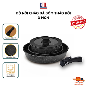 Bộ nồi chảo đá gốm Mitomo chống dính cao cấp 3 món có tay cầm tháo rời, dùng cho bếp gas, bếp từ,... - Hàng chính hãng