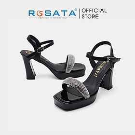 Giày sandal cao gót nữ đế vuông 8 phân mũi tròn phối kim tuyến quai hậu cài khóa mảnh ROSATA RO475 ( Bảo Hành 12 Tháng ) - ĐEN