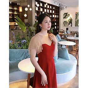 Đẩm đỏ dáng xòe tay bồng kim sa lấp lánh cao cấp - Vải không nhăn nhàu