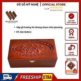 Hình ảnh Hộp đựng dấu gỗ Hương lót nhung chạm Chim Phương size 22