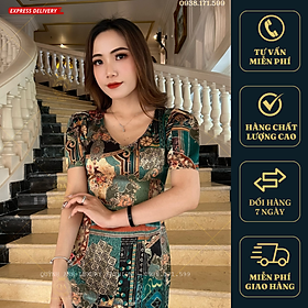 Váy Đầm Suông 3D Tone Xanh Thổ Cẩm Cổ Tim Lụa Vân Pháp Cao Cấp Mabel Dress