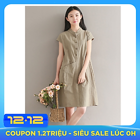 Đầm suông chất đũi cổ trụ phối túi bên hông LAHstore, chất vải mềm mát thích hợp mùa hè, thời trang Hàn Quốc