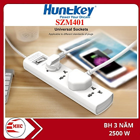 Ổ cắm điện đa năng thông minh tự ngắt Huntkey SZM401 - 2500W chính hãng, 4 lỗ 3 chân dài 1.5m- hàng chính hãng