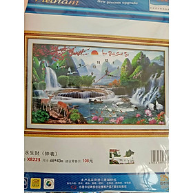 Tranh thêu đồng hồ chữ thập lưu thủy sinh tài -X8223