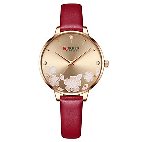 Đồng hồ đeo tay nữ thời trang CURREN dây da không thấm nước-Màu Hoa hồng đỏ