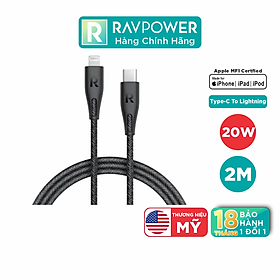 Dây Cáp Sạc Type-C To Lightning 20W Chuẩn MFI C94 Sạc Nhanh Cho iPhone, Cho iPad, Dây Nylon Sêu Bền Dài 2m RAVPower RP-CB1018 - Hàng Chính Hãng