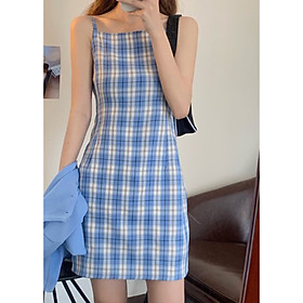 Đầm 2 dây kẻ caro dây chất đẹp quai váy điều chỉnh được độ dài, có nơ thắt lưng điều chỉnh vòng eo freesize<53kg