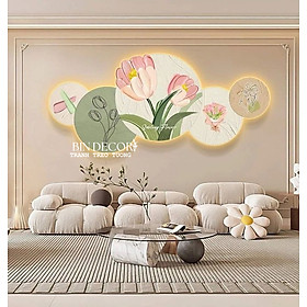 Tranh treo tường đèn led hoa tulip hồng mẫu minimalist trang trí decor TDL40