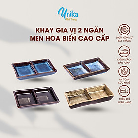 Mua Khay gia vị hai ngăn men hỏa biến - Đĩa gia vị nước chấm 2 ngăn 4 màu men - Gốm sứ Unika Bát Tràng