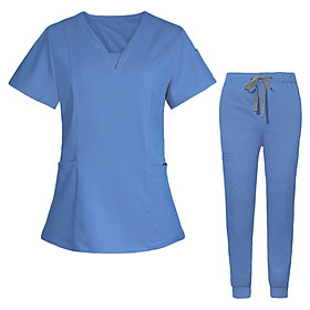 Women Nurse Work Uniforms Workwear Scrubs Work Clothing Sturdy Nurse Costume - Sky Blue