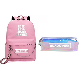Combo 2 món gồm Balo hồng Blackpink thông minh nam nữ đựng laptop cặp sách và 1 hộp bút hologram xinh xắn