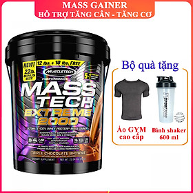 Combo Sữa tăng cân MASS TECH EXTREME 2000 của MuscleTech hương chocolate thùng 10kg hỗ trợ tăng cân tăng cơ nhanh cho người gầy kén ăn, khó hấp thu, khó tăng cân & Bình lắc 600 ml (Màu Ngẫu Nhiên) & Áo Gym size M