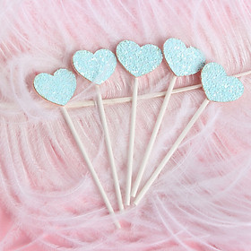 Thẻ cờ trang trí bánh kem trái tim xanh lấp lánh Combo 5 chiếc