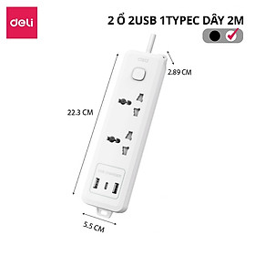Ổ Cắm Điện Mẫu Mới 2025 Deli Ổ ĐIện Đa Năng Chống Cháy Nổ 2500W Cổng Sạc USB/ TypeC Thông Minh