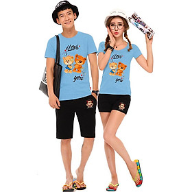 Bộ Áo Thun Đôi Nam Nữ I Love You Màu Xanh Biển